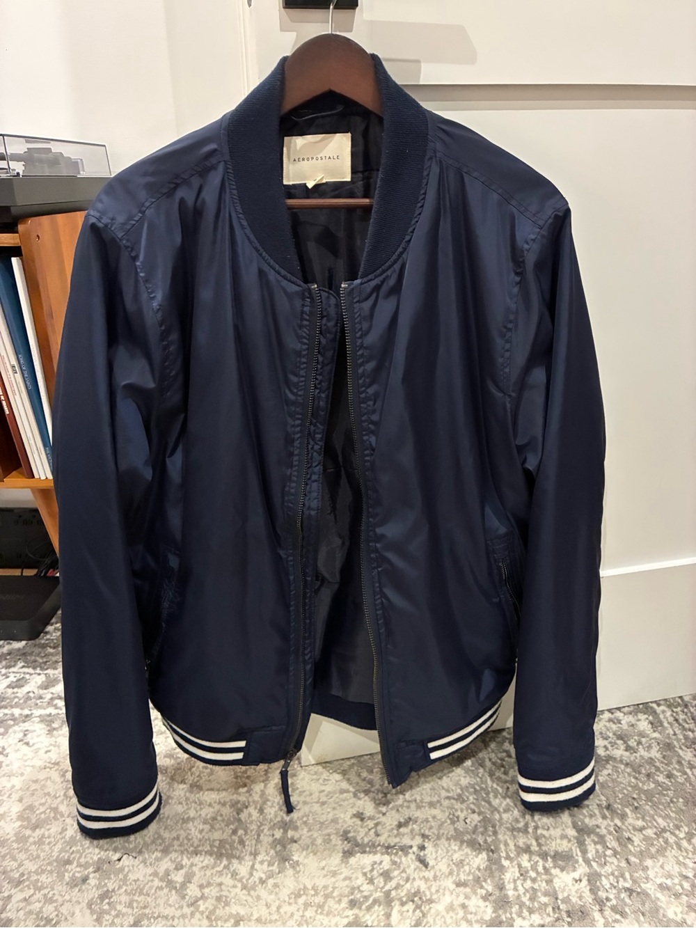 Aeropostale Navy Blue Bomber Jacket with White Striped Trim - Picture 1 of 3